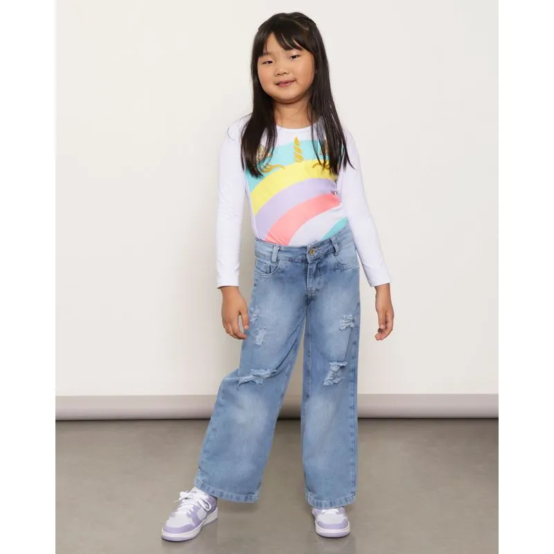 Calça Jeans Infantil Wide Leg Destroyed Azul 8