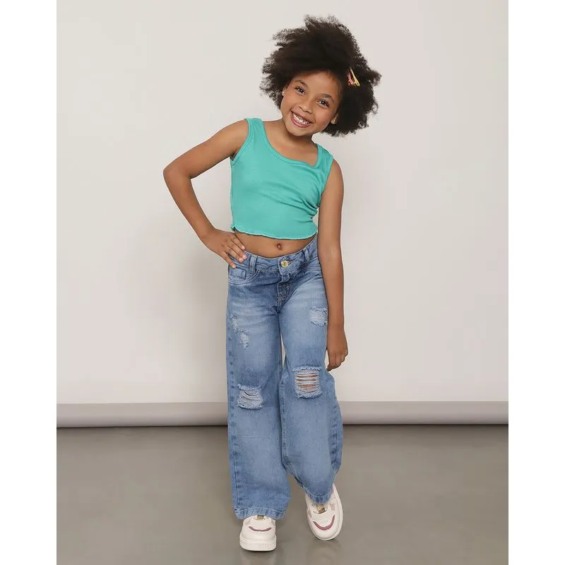 Calça Jeans Infantil Wide Leg Azul Claro 4