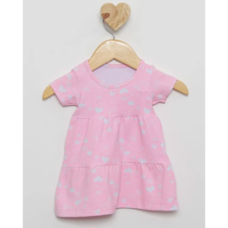 Vestido Bebê Três Marias Estampado Corações Glitter Rosa M