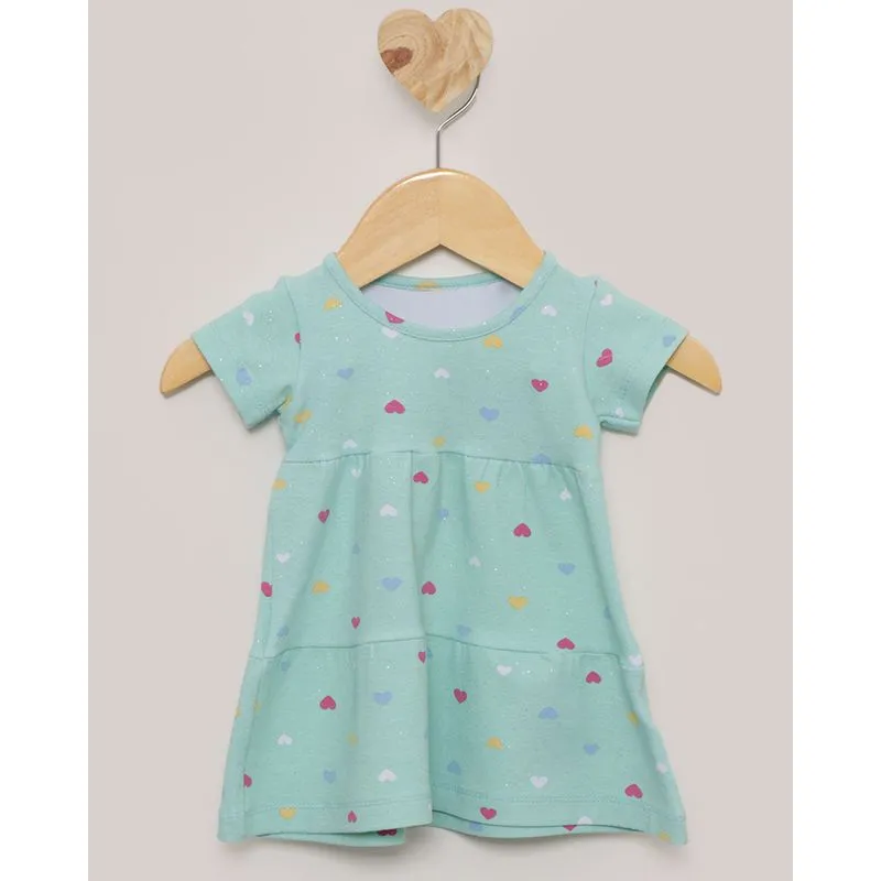Vestido Bebê Três Maria Estampado Corações Glitter Verde Claro P