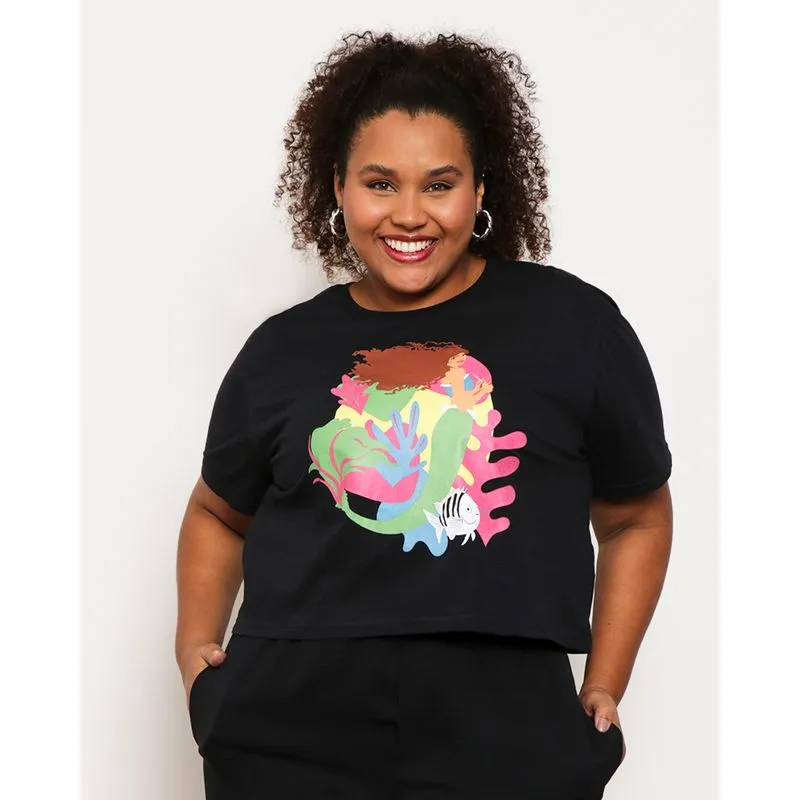 Blusa Cropped Feminina Plus Size Disney Pequena Sereia Disney Preta G3