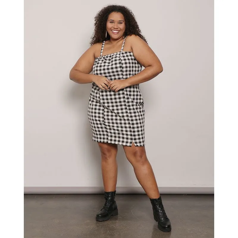 Vestido Feminino Plus Size Alcinha Fina Com Regulagem Xadrez G1