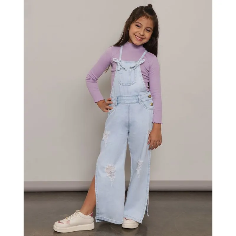 Macacão Jeans Infantil Destroyed Wide Leg Azul 8