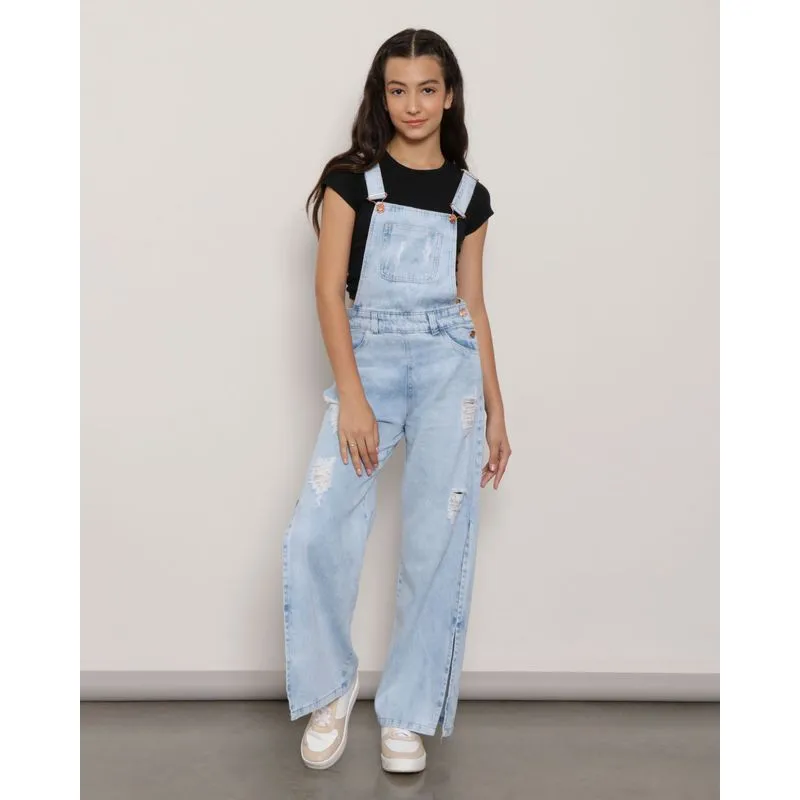 Macacão Jeans Juvenil Wide Leg Destroyed Com Fenda Azul 10