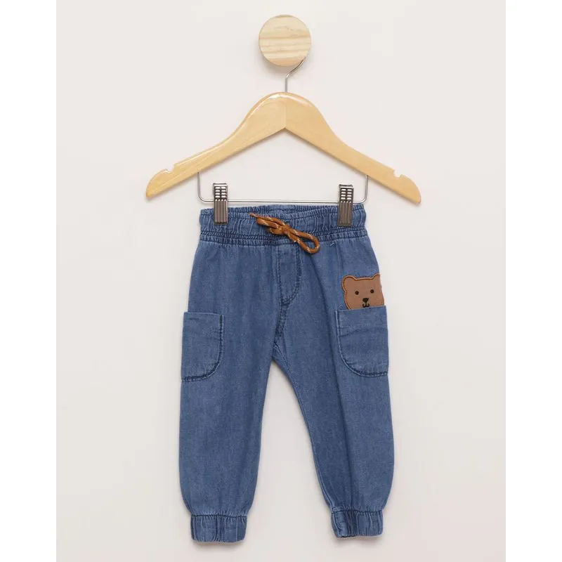 Calça Jeans Bebê Jogger Bordado Ursinho Azul M