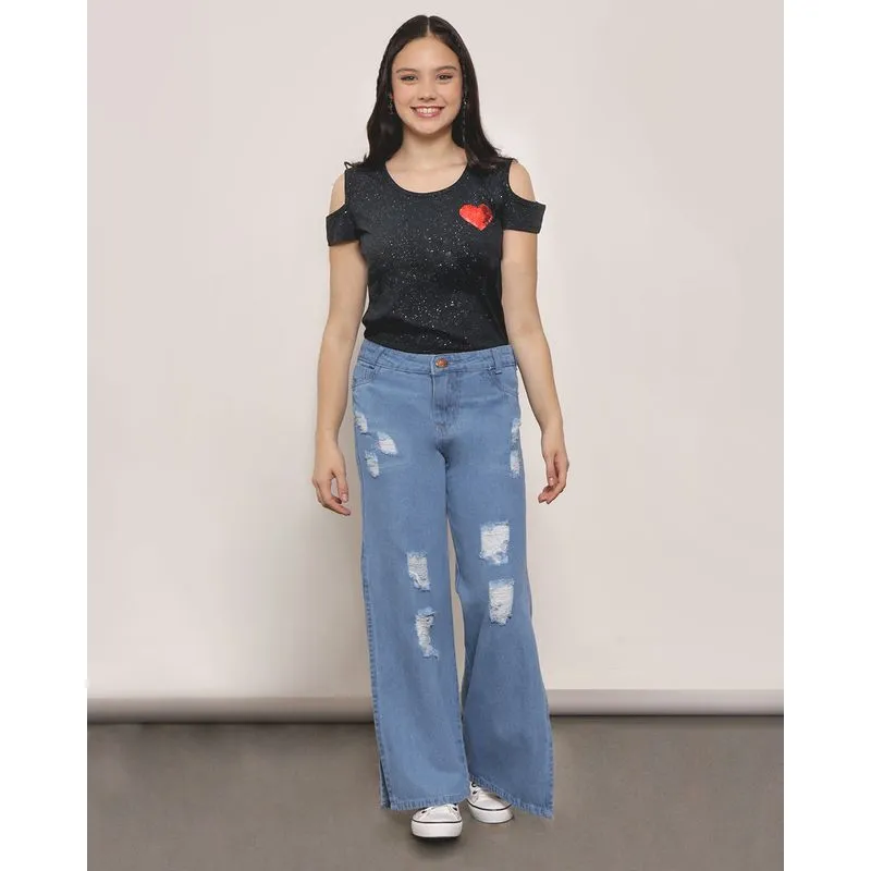 Calça Jeans Juvenil Wide Led Destroyed Com Fenda Azul 12