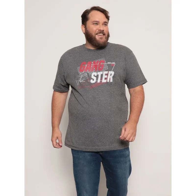 Camiseta Plus Size Masculina Estampa Gangster Mescla Cinza G3