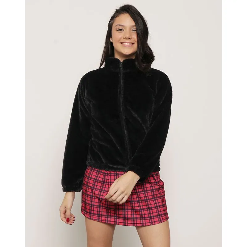 Casaco Juvenil Manga Longa Com Zíper Pelo Preto 14