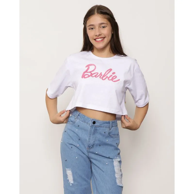 Blusa Juvenil Oversized Estampa Barbie Cropped Branca 10