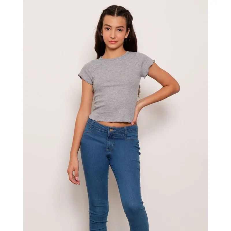 Blusa Juvenil Manga Curta Canelada Frufru Cinza 14