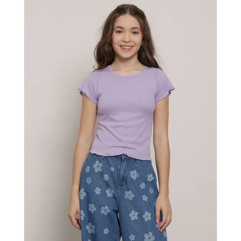 Blusa Juvenil Manga Curta Frufru Canelada Lilás 10