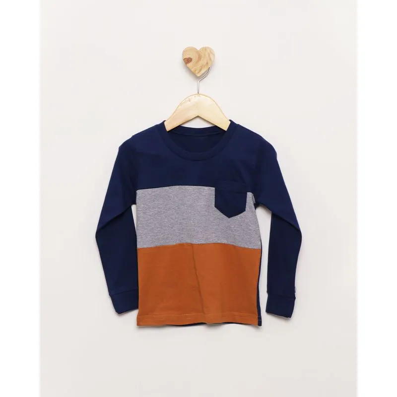 Camiseta Bebê Manga Longa Recorte Listrado com Bolso Marinho 1