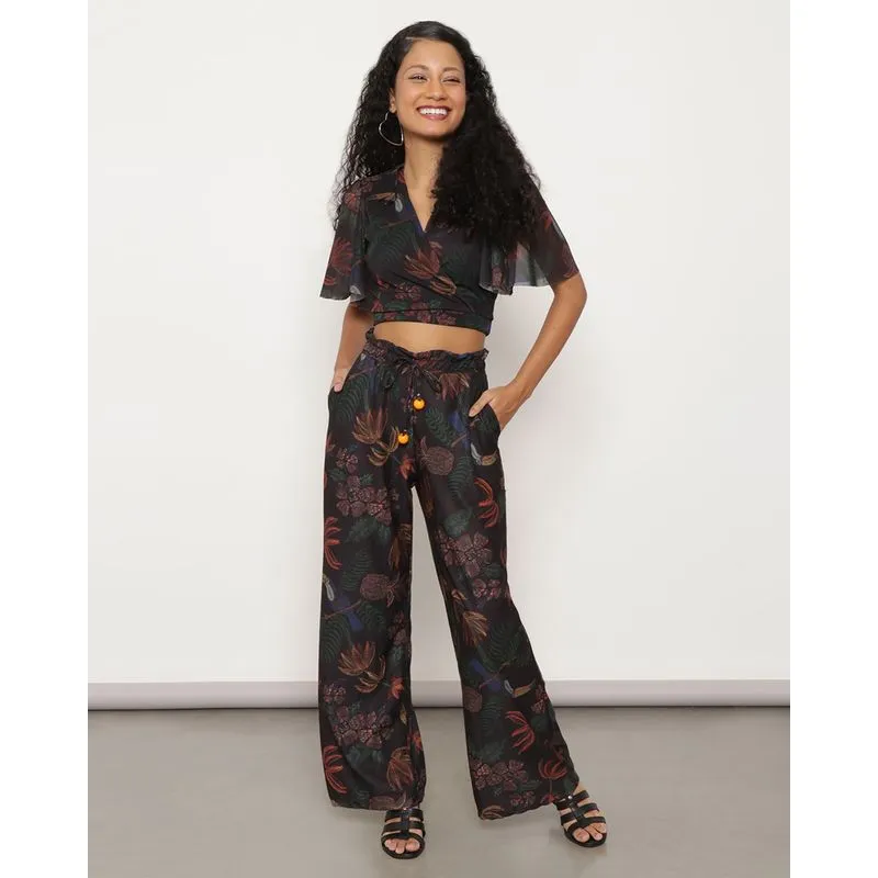 Calça Feminina Pantalona Floral Verde G