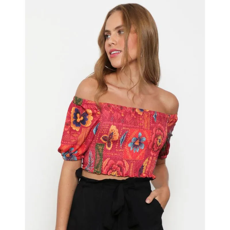 Blusa Feminina Cropped Ciganinha Lastex Vermelho Floral G