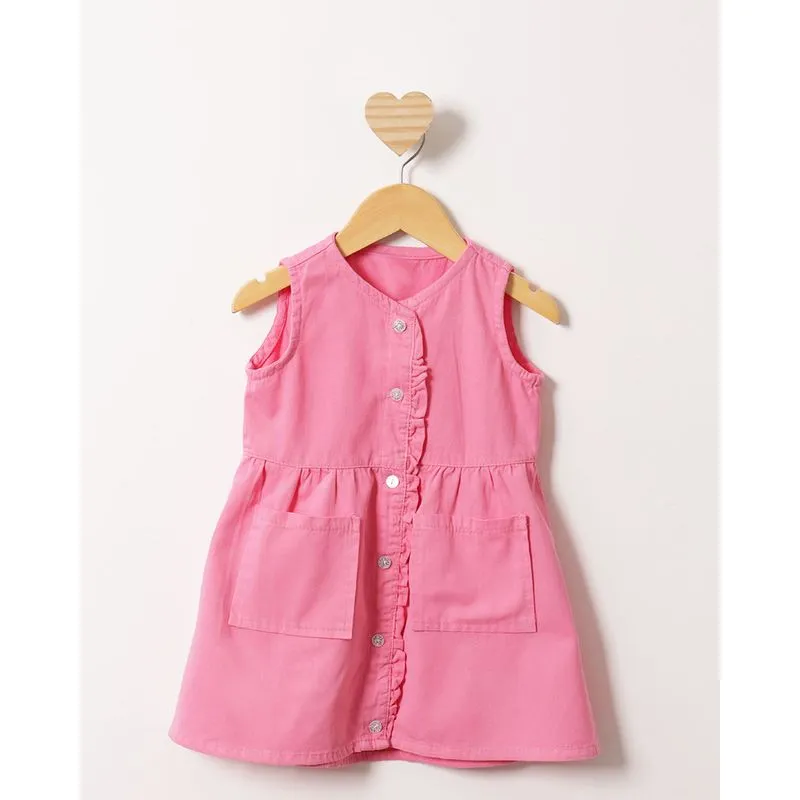 Vestido Bebê Sarja Babado Com Bolsos Rosa 2