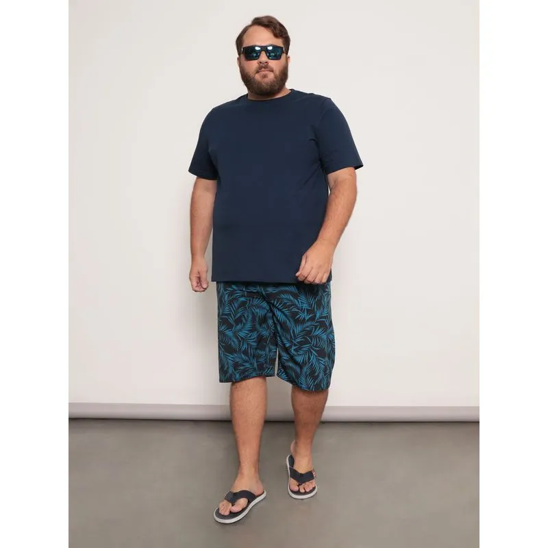 Bermuda Masculina Plus Size Surf Estampa Folhas Neoprene Preta 48