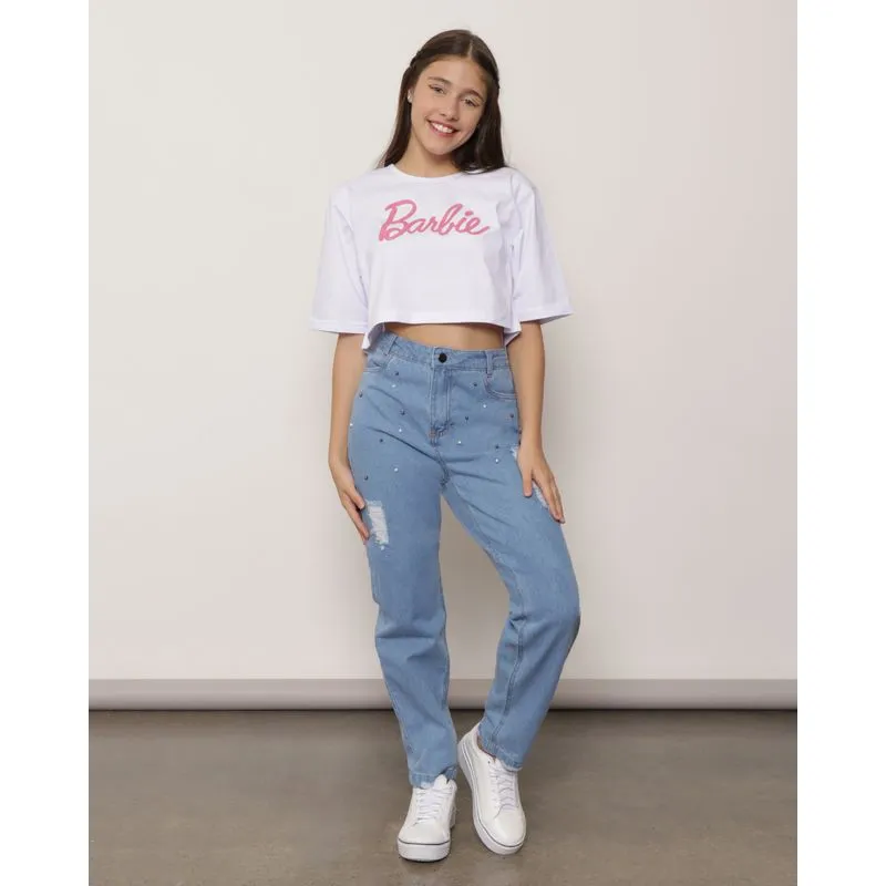 Calça Jeans juvenil Destroyed Com Brilho Azul Claro 16