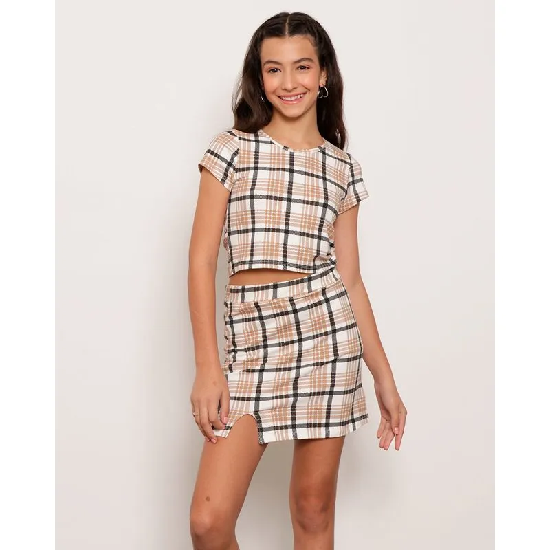 Blusa Juvenil Cropped Manga Curta Xadrez Bege 14