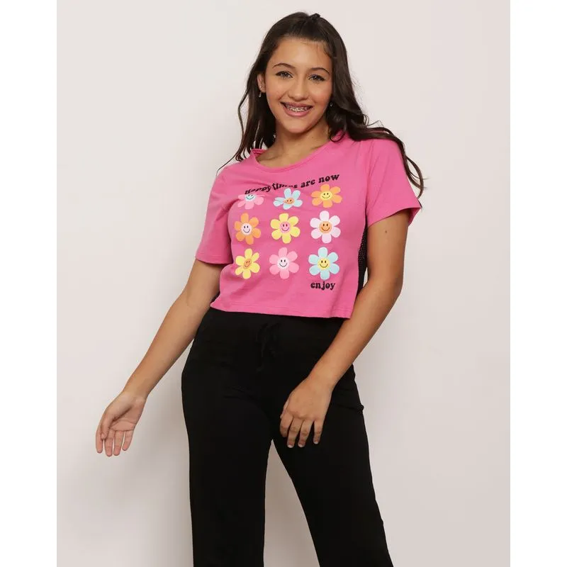 Blusa Juvenil Manga Curta Estampa Flores Rosa 12