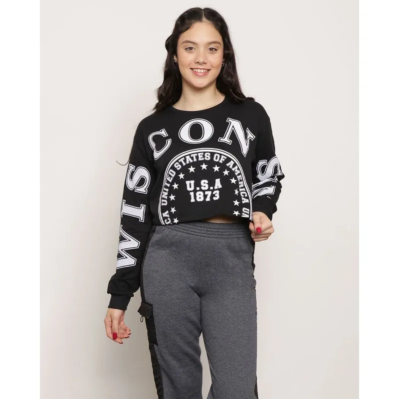 Blusa Moletom Juvenil Cropped Wisconsin Preto 10