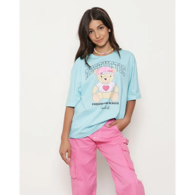 Camiseta Juvenil Oversized Com Estampa Azul 14