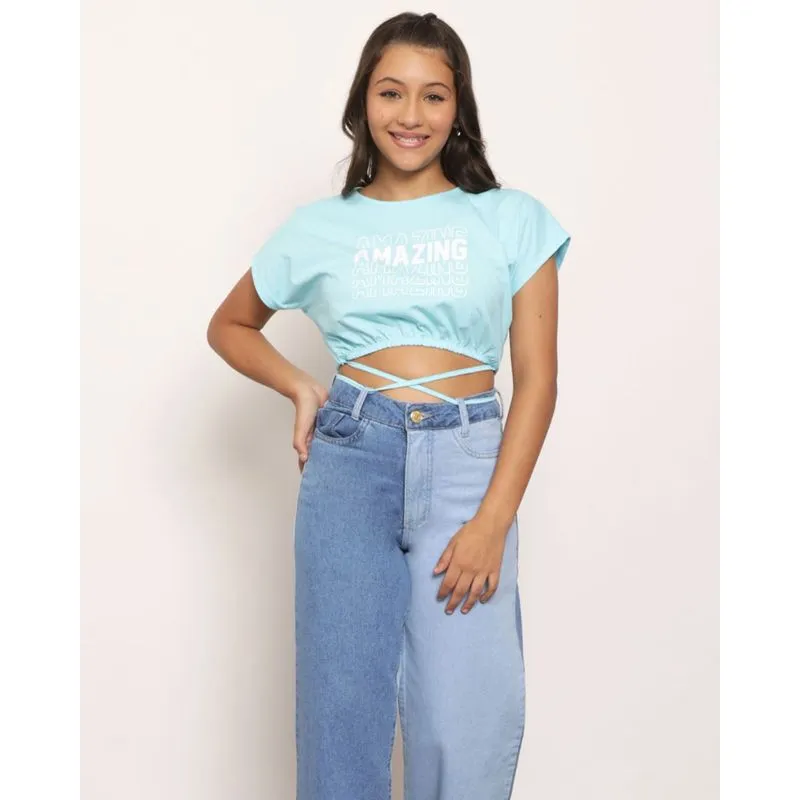 Blusa Juvenil Cropped Manga Morcego Azul 16