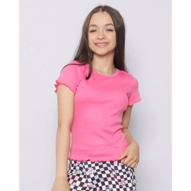 Blusa Juvenil Manga Curta Com Frufru Canelada Rosa 12