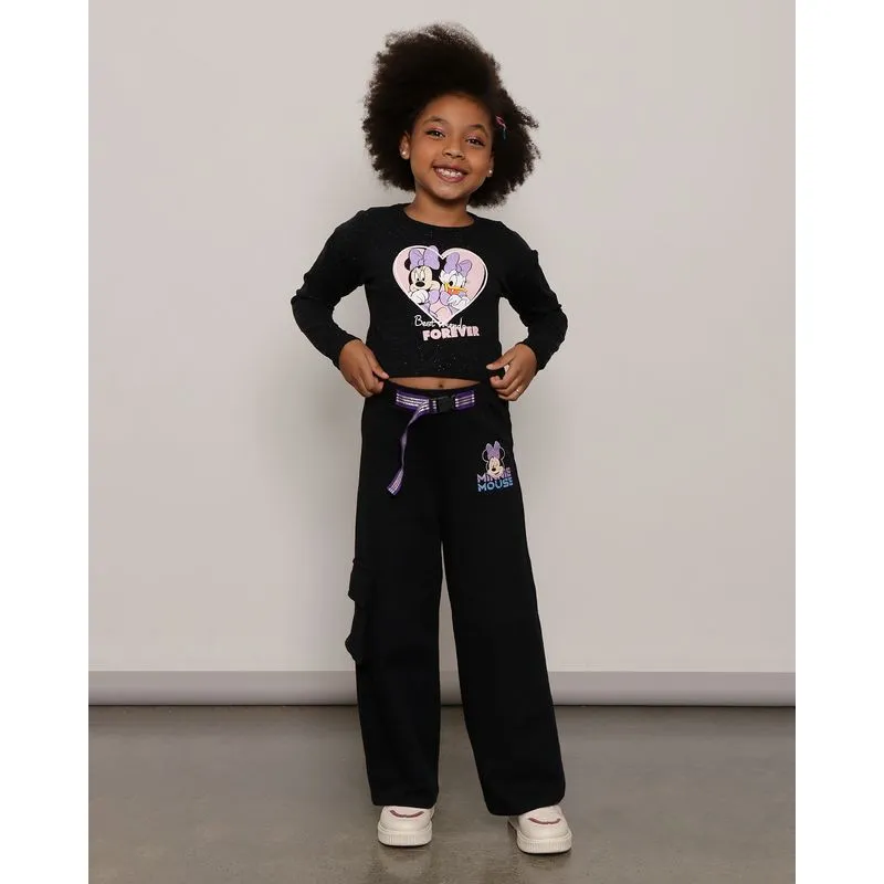 Calça Moletom Infantil Wide Leg Estampa Minnie Mouse Disney Preta 8