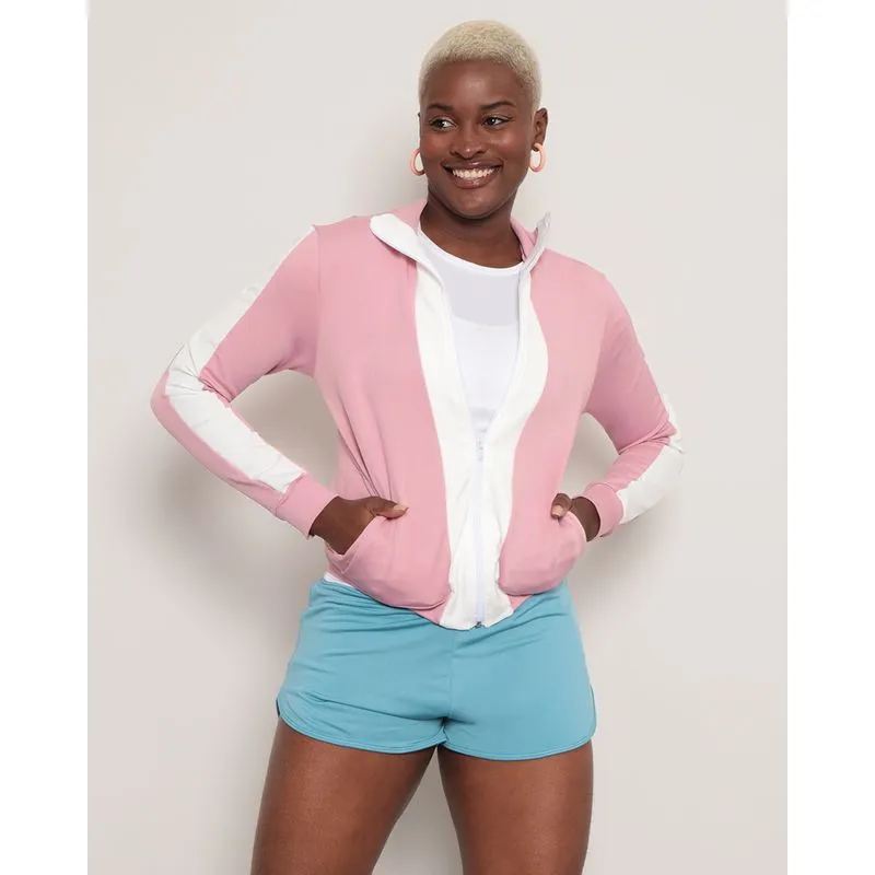Jaqueta Feminina Fitness Helanca Recortes Rosa Claro GG