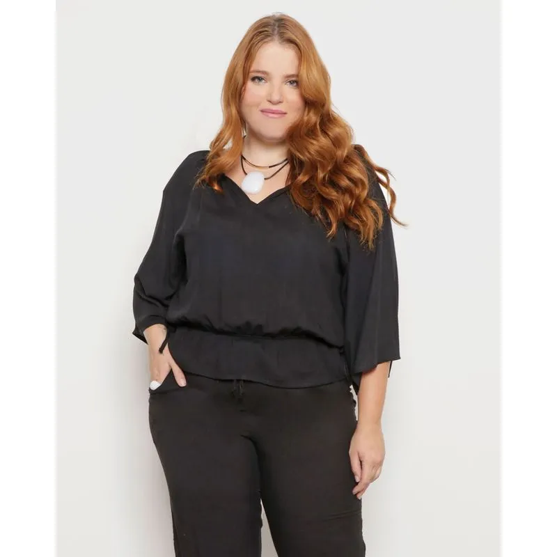 Blusa Feminina Plus Size Manga 3/4 Viscose Preta G1