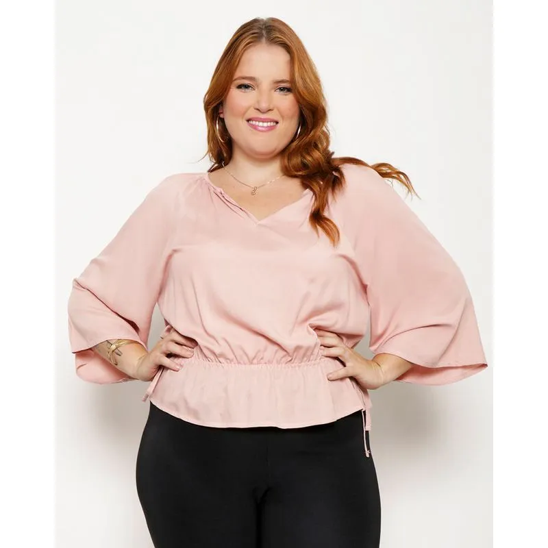 Blusa Feminina Plus Size Manga 3/4 Viscose Rosa Claro G3