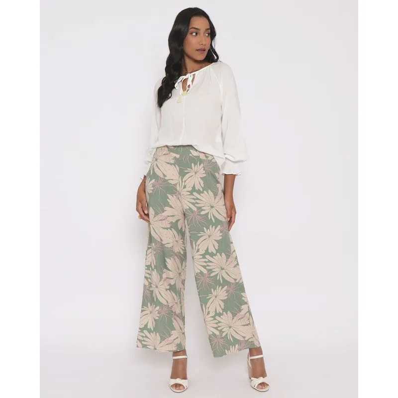 Calça Feminina Pantalona Viscose Floral Verde P