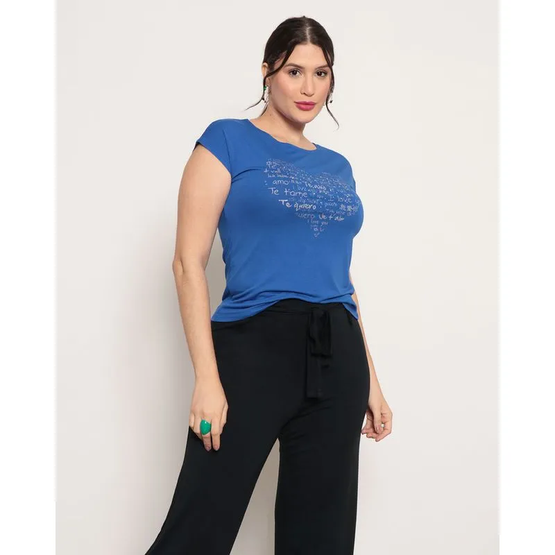 Blusa Feminina Com Strass Coração Azul G