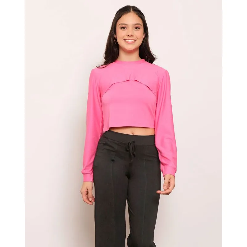 Blusa Juvenil Manga Longa Com Sobreposição Rosa 14