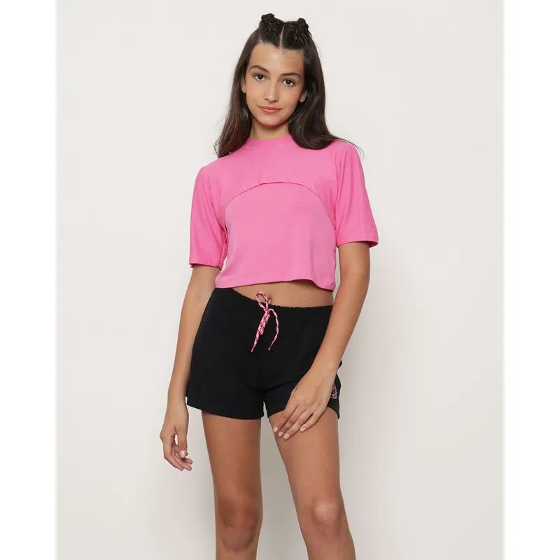 Blusa Juvenil Cropped com Sobreposição Rosa 14