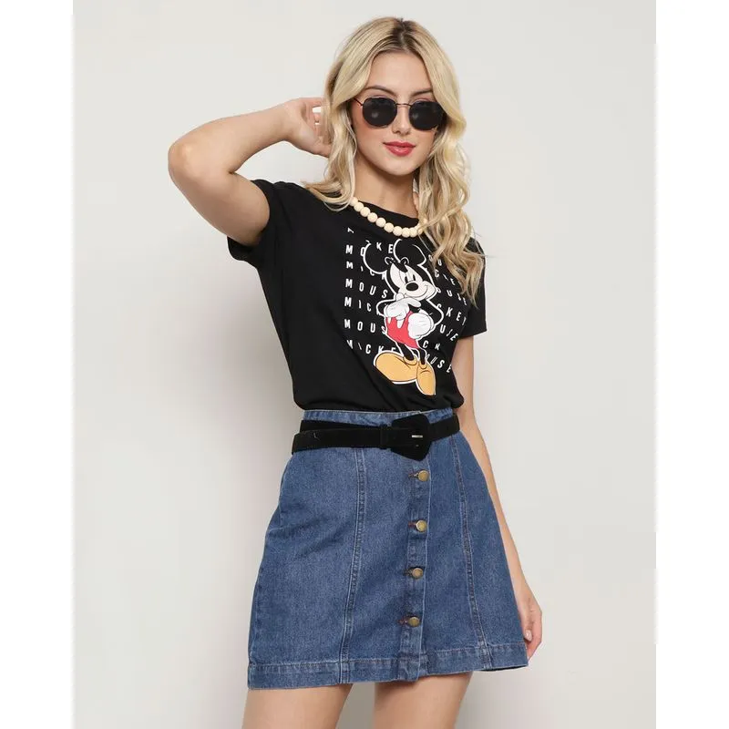 Camiseta Feminina Algodão Disney Mickey Manga Curta Preta GG