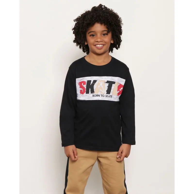 Camiseta Infantil Manga Longa Estampa Skater Preta 10