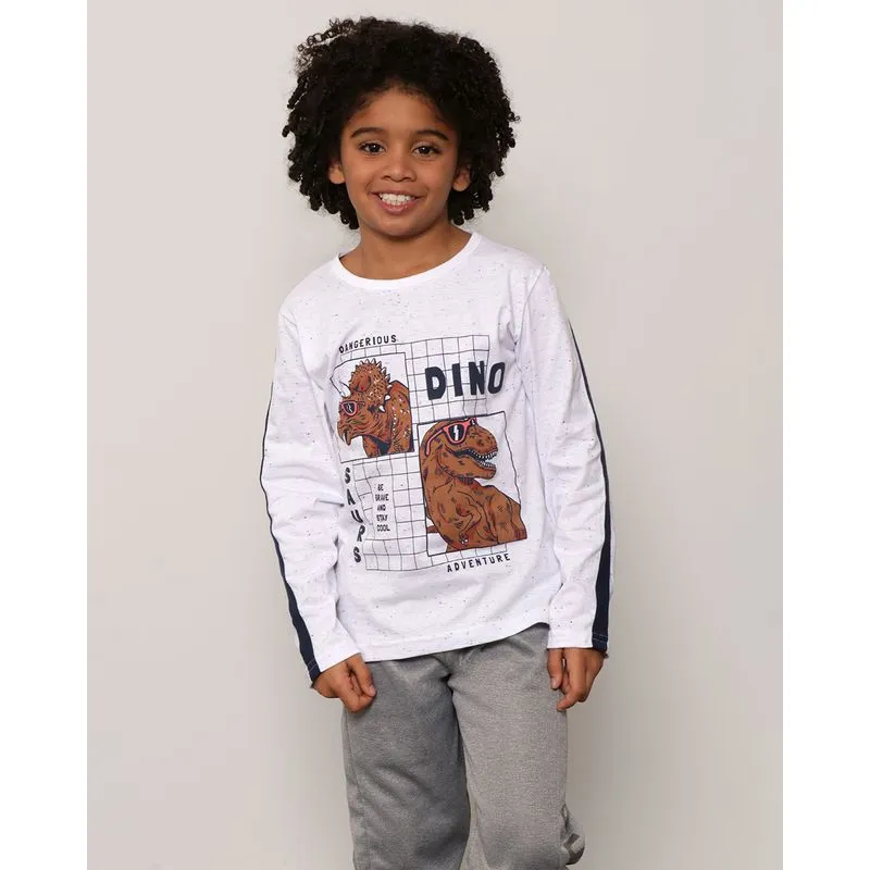Camiseta Infantil Manga Longa Botonê Estampa Dino Branca 10