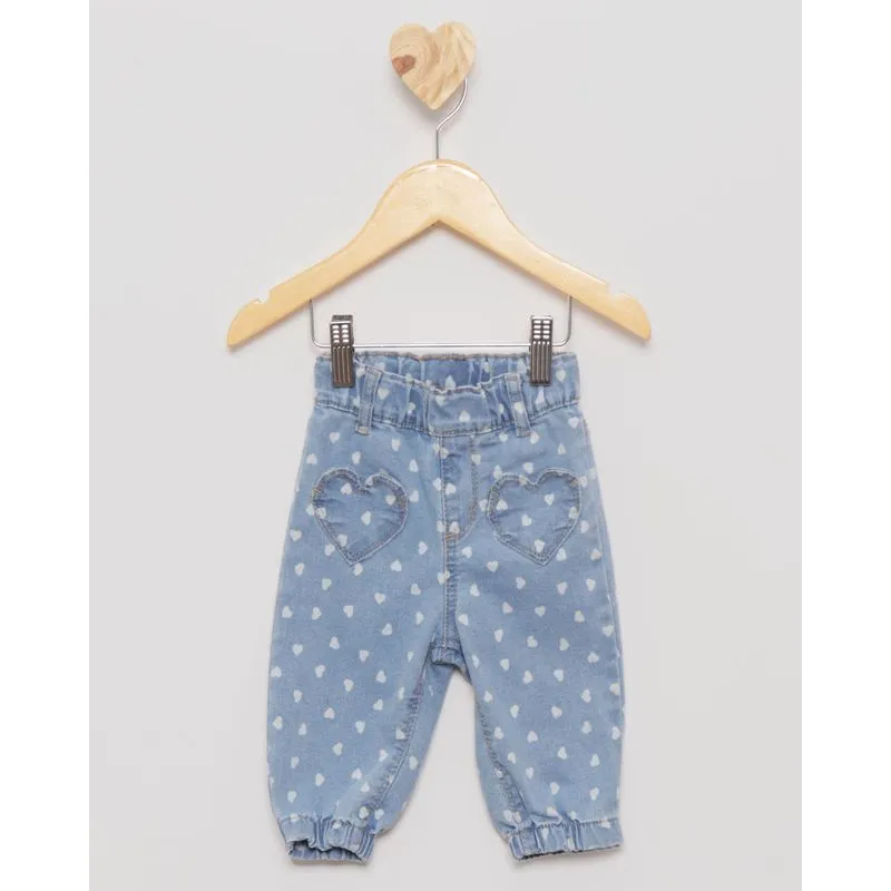Calça Jeans Bebê Clochard Estampa Corações Azul G