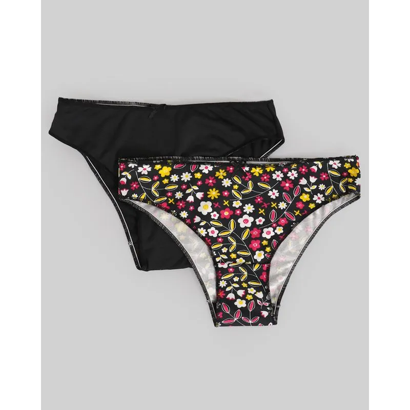 Kit 2 Calcinhas Biquíni Floral Preta Lisa Preta P