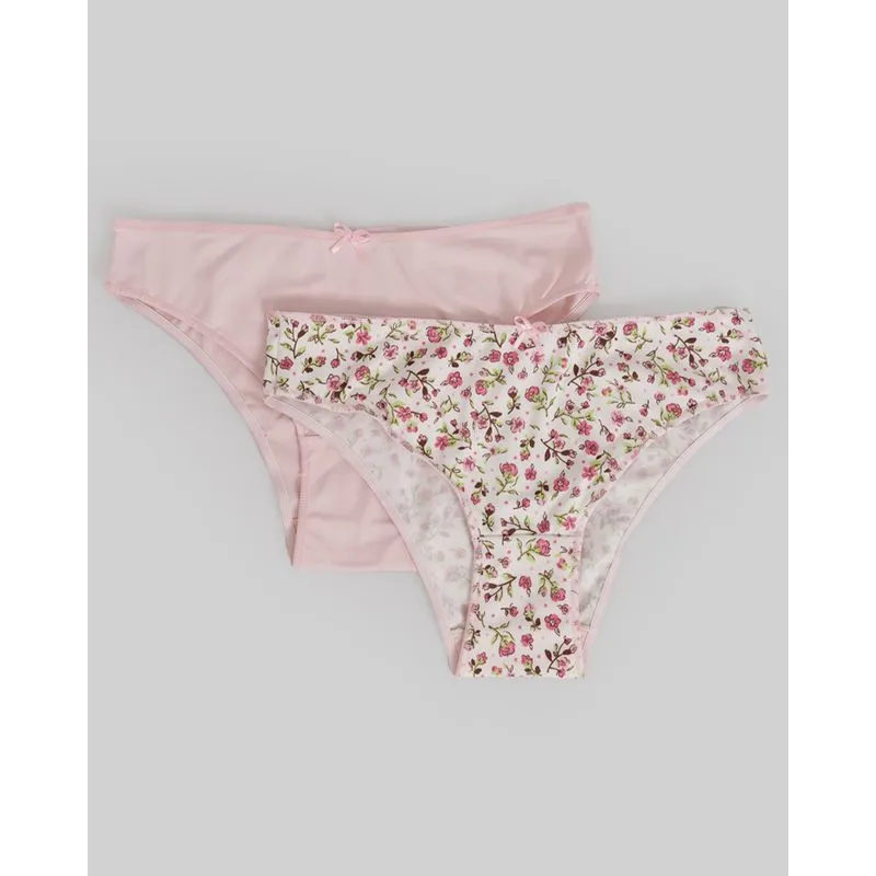 Kit 2 Calcinhas Biquíni Floral Rosa Lisa Rosa P