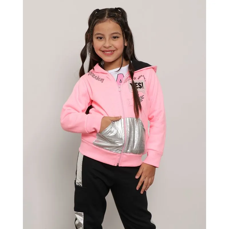 Jaqueta Infantil Moletom Com Zíper e Capuz Estampa Rosa Neon 4