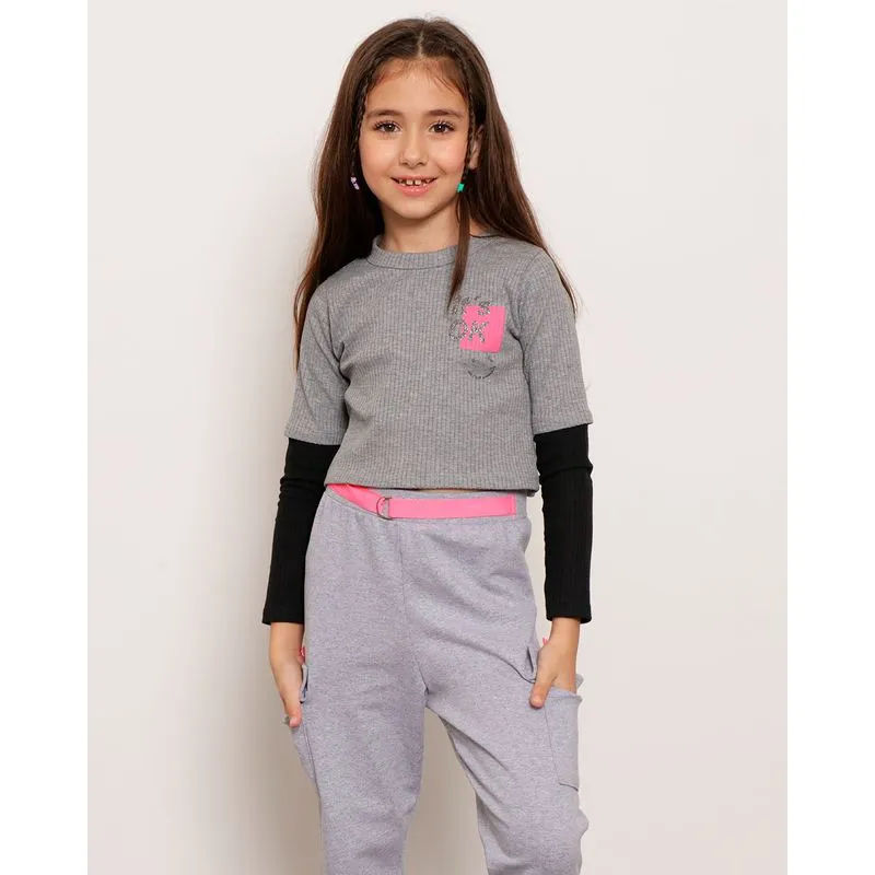 Blusa Infantil Manga Longa Canelada Recorte Cinza 6