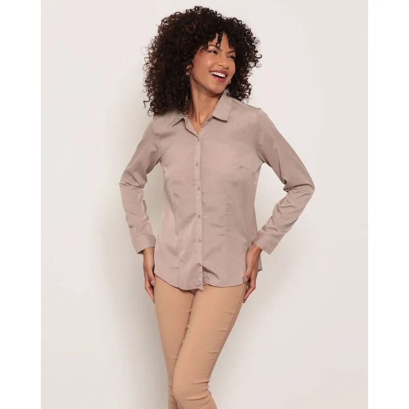 Camisa Feminina Crepe Manga Longa Bege G