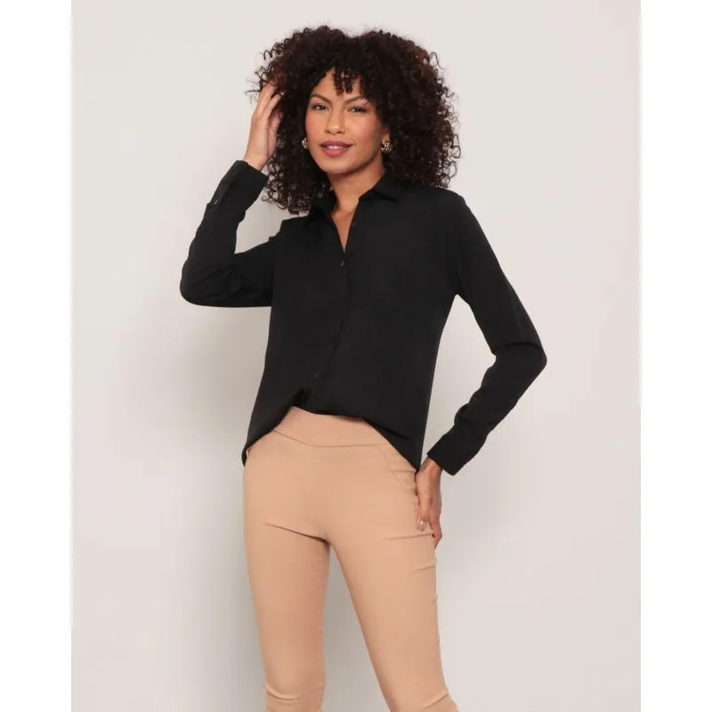 Camisa Feminina Crepe Manga Longa Preta G