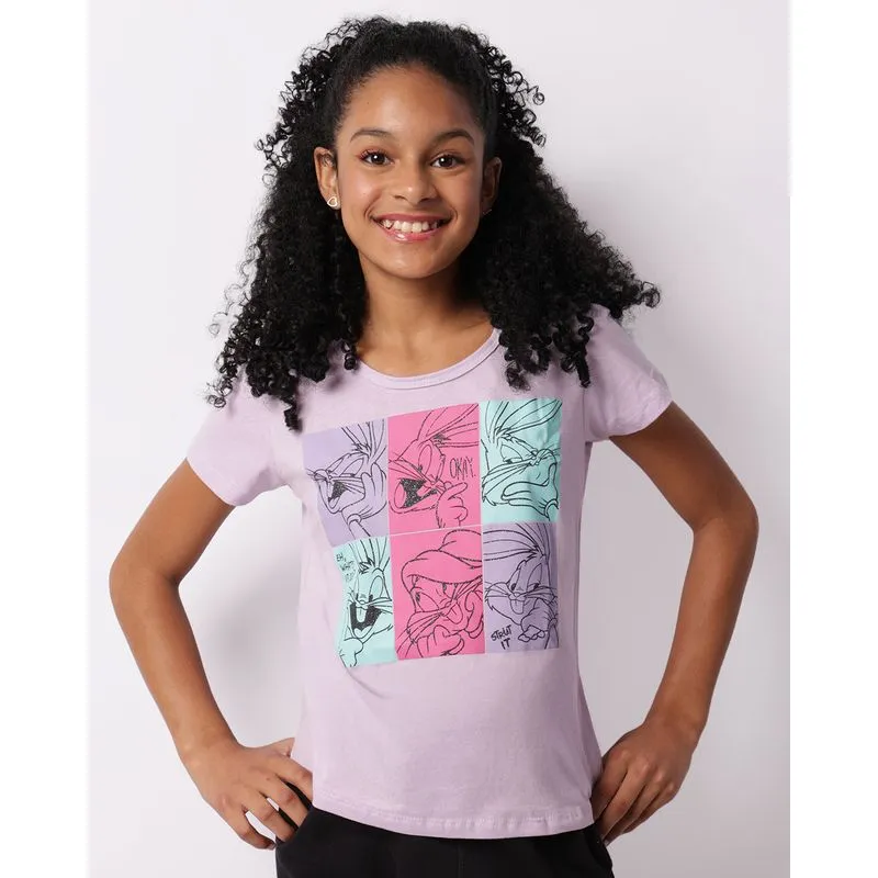 Camiseta Juvenil Looney Tunes Pernalonga Manga Curta Lilás 16