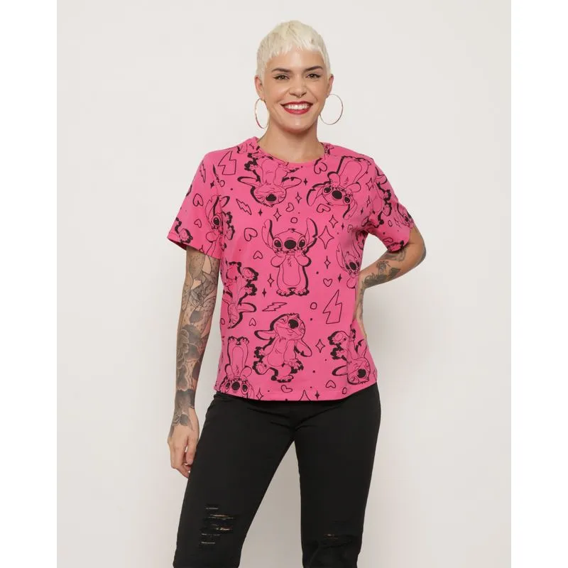 Camiseta Feminina Disney Stitch Manga Curta Rosa G