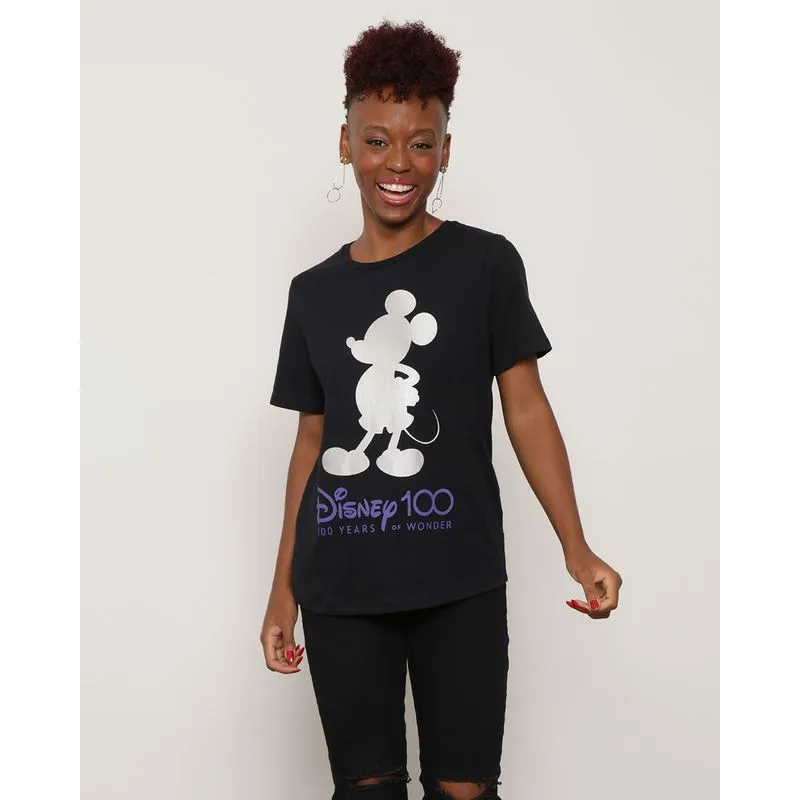 Camiseta Feminina Disney Mickey Manga Curta Preta G