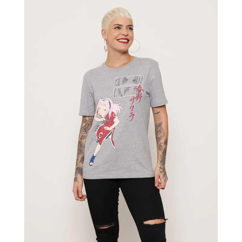 Camiseta Feminina Estampa Sakura Cinza Mescla P