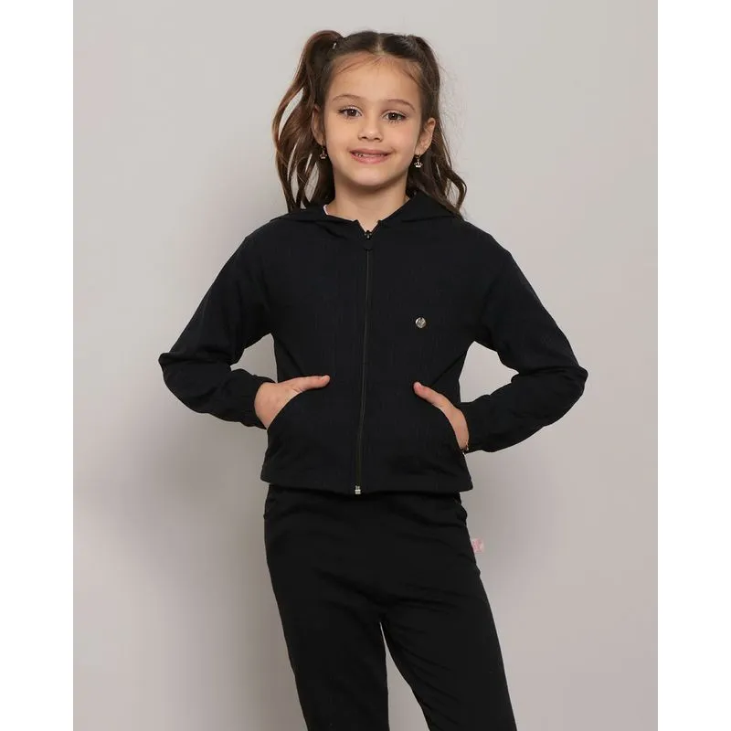 Jaqueta Infantil Canelada de Zíper Capuz Preto 10